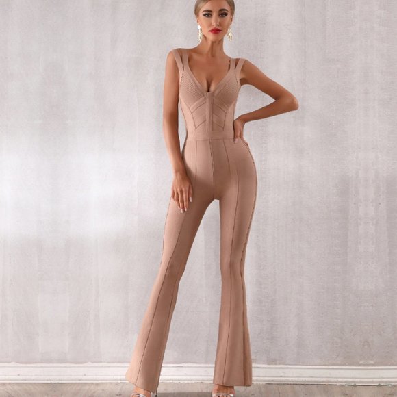 BEIGE BANDAGE JUMPSUIT NUDE PANTSUIT CAMEL JUMPER - Picture 1 of 15